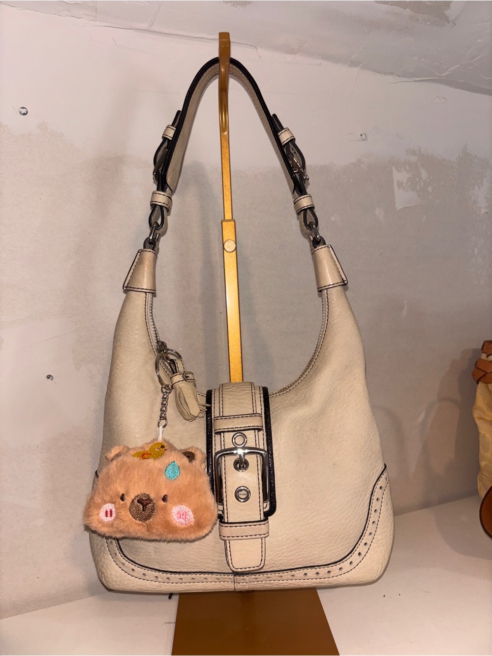 Coach Cream Leather Hobo Shoulder Bag with Plush Charm